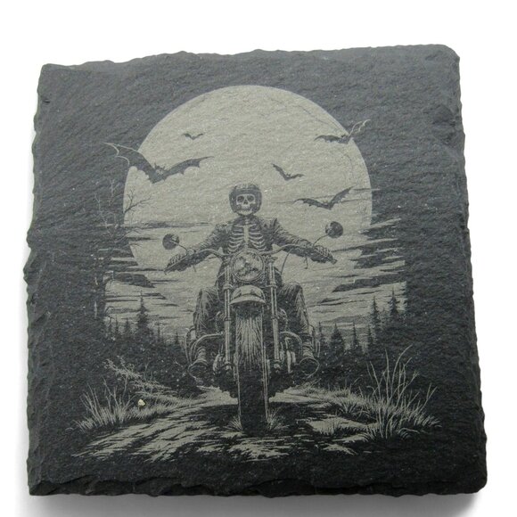 MOTORCYCLE Skeleton COASTER Moonlit Slate Gothic Set of 4 - Picture 5 of 6